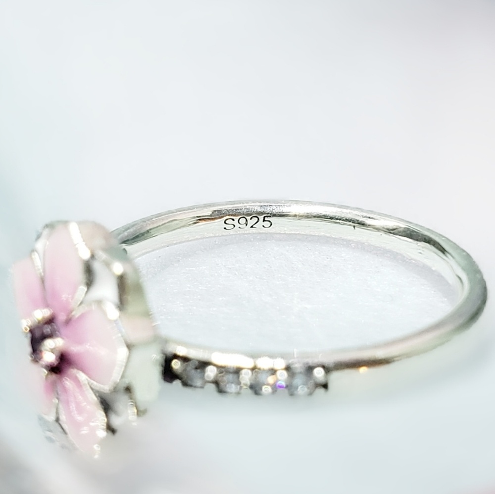 STERLING SILVER PINK ENAMEL MAGNOLIA FLOWER RING - Picture 5 of 8